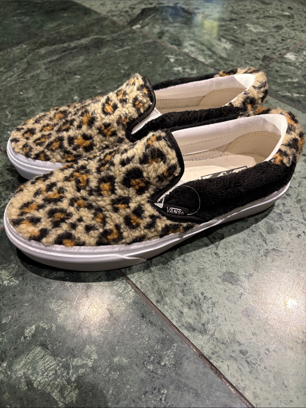 Vans Women's Slip-On Sneakers in Leopard Faux Fur - Black/Tan/White
